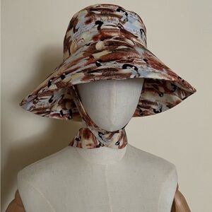 Handmade Canada Goose Print Wide-Brim Bucket Hat in Brown and Cream